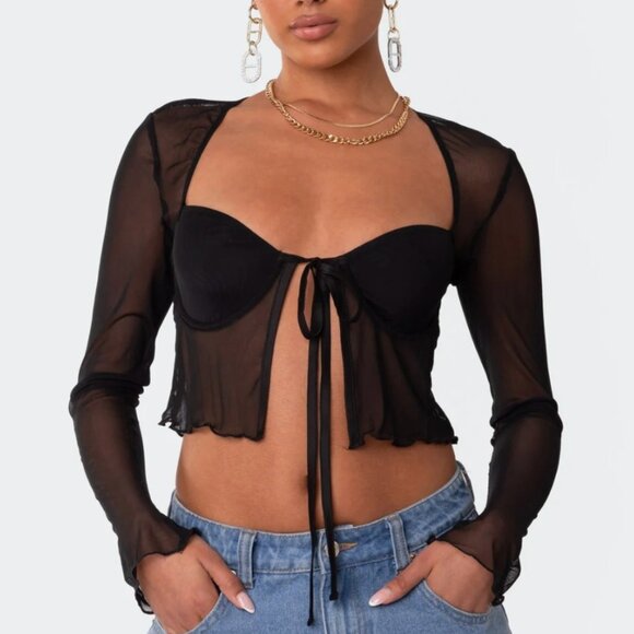 edikted Tie Front Cupped Mesh Top in Black, XS NWT - Picture 6 of 8